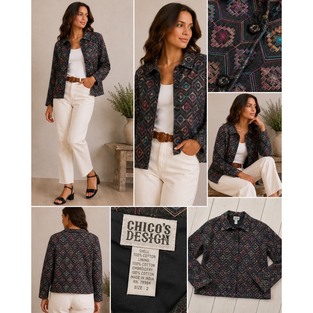 Chicos Design Embroidered Cotton Jacket‎ Black Multicolor Geometric Size 2 L